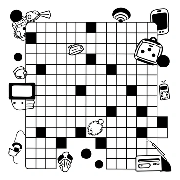 A large crossword puzzle grid fills the page, with black and white squares interspersed throughout. Each clue is depicted by a unique illustration of a robot or gadget. The robots vary in design; some have antennas and gears, while others feature mechanical arms and intricate details. The gadgets include items such as a vintage radio, a sleek smartphone, and a classic video game console. Each illustration is positioned adjacent to its corresponding clue within the grid, clearly indicating its relevance. The overall composition is well-organized, with a clean layout, allowing for easy visibility of both the puzzle and the visual clues.