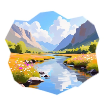 A calm river winding through a lush green valley. The river's surface reflects the towering mountains that rise majestically on either side. Fluffy white clouds drift lazily across a bright blue sky, mirrored in the tranquil water below. Along the banks of the river, patches of wildflowers add splashes of color to the landscape. The scene is peaceful, with gentle ripples on the water's surface, capturing the beauty of nature.