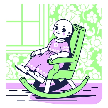 A vintage doll with cracked porcelain skin is sitting on an old rocking chair. The doll has hauntingly lifelike eyes that seem to observe its surroundings. The rocking chair is made of polished wood with intricate carvings on the armrests and legs. The doll is dressed in a faded lace dress that shows signs of wear over time. Soft light filters through a nearby window, casting gentle shadows on the floor around the chair. The background features aged wallpaper with floral patterns, adding to the antique atmosphere of the scene.