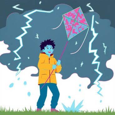 A young child with tousled hair wearing a bright yellow raincoat stands in a grassy field, gripping a colorful kite string tightly. The kite is vibrant with patterns of red, blue, and green, fluttering wildly in the strong winds. Dark, ominous storm clouds gather in the sky, illuminated by flashes of electric sparks that create stark contrasts against the deep grays. Raindrops fall around the child, splashing onto the ground, while the child’s face is filled with a mix of excitement and apprehension. The overall scene captures the intensity of the storm and the child's determination to fly the kite despite the elements.