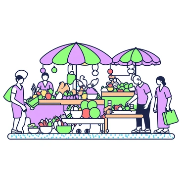 A bustling Thai street market with numerous stalls. Each stall is filled with a variety of exotic fruits, such as large, vibrant durians, colorful mangosteens, and bunches of bananas. Nearby, there are baskets overflowing with different spices, including red chili peppers and fresh herbs. Vendors are engaged with customers, some weighing produce on scales. The ground is covered with textured pavement, and there are hanging decorations above the stalls. Brightly colored umbrellas provide shade for the vendors and their goods. People are walking through the market, some carrying shopping bags filled with items.