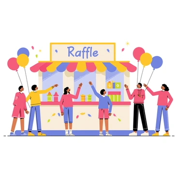 A colorful raffle booth with bright red, blue, and yellow decorations is set up at a community fair. The booth features a large sign that says "Raffle" in cheerful lettering. Surrounding the booth, there are clusters of vibrant balloons floating in the air. Several smiling children with diverse appearances and outfits are gathered around the booth, eagerly looking up at the prizes displayed on the table. The scene conveys a sense of joy and excitement, with the children reaching out and pointing at the colorful prizes.