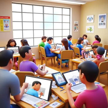A bustling college illustration studio filled with students engaged in their work. Various students are seated at desks, intently focused on their digital drawing tablets. Some are sketching characters, while others are creating backgrounds. The room is brightly lit with large windows, letting in natural light. Art supplies and sketches are scattered around, adding to the creative atmosphere. "Creativity in Progress" is written on a poster on the wall. There are posters of famous illustrations and art techniques hanging around the studio, enhancing the inspiring environment.