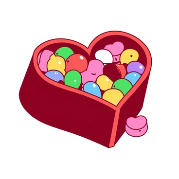 A red heart shape is composed of various colorful candy pieces. The heart is filled with a mix of small candies, including gummy bears, round chocolate candies, and brightly colored jelly beans. Each candy piece has a distinct texture and shine, reflecting light. The heart is placed on a white surface, enhancing the vividness of the candy colors. Some pieces are slightly out of alignment, creating a playful, inviting appearance.