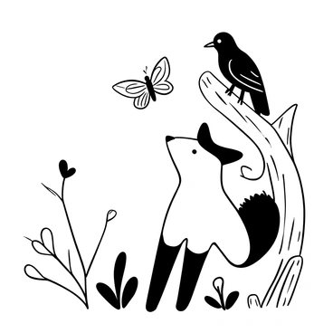 A fox with a bushy tail and pointed ears is crouching on the ground, intently watching a butterfly as it flutters gracefully nearby. The butterfly has intricate wing patterns and is hovering in the air. Perched on a branch above the fox is a crow with a sleek body, its feathers detailed and dark. The branch is gnarled and textured, providing a natural setting amongst hints of foliage surrounding the scene. The atmosphere conveys a moment of curiosity and observation in nature.