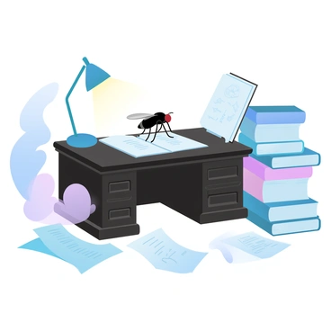 A fly is perched on a miniature desk that is cluttered with various books and scattered papers. The desk is made of dark wood, showcasing intricate details. Surrounding the desk are tall stacks of colorful books with titles visible on their spines. A lamp with a warm glow is placed on one corner of the desk, illuminating a few open pages of a book. Papers filled with notes and diagrams are spread across the desk, some delicately crumpled. The fly is focused, as if deeply engaged in studying the materials around it. The overall scene is rendered in gradient pastel colors, creating a soft and inviting atmosphere.