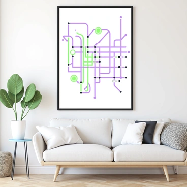 A minimalist subway line map designed as an art poster for a modern living room