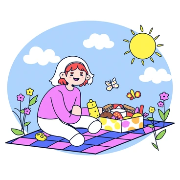 Nami enjoying a picnic in the summer, with a colorful illustrated box filled with snacks.