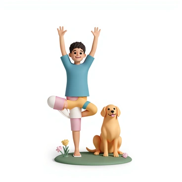 A young child, wearing a bright blue t-shirt and colorful leggings, is standing on one leg in a tree pose with arms raised above their head. The child has a focused expression on their face as they balance. Nearby, a playful golden retriever is sitting with its tongue out, looking at the child with a playful demeanor. The dog has a shiny coat and large, expressive eyes. The background features a grassy area with a few flowers scattered around, complementing the cheerful scene.