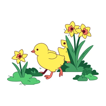 Cute yellow chicks playfully hopping around fresh spring grass and daffodils