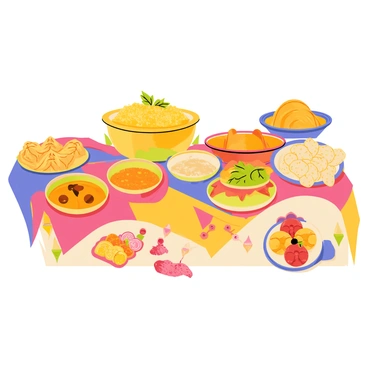 A colorful buffet table is filled with traditional Indian wedding dishes and sweets. The table features an array of vibrant dishes, including a large pot of yellow biryani topped with fresh herbs, and several bowls of rich, creamy curries in shades of orange and green. Platters of golden samosas and crispy pakoras are arranged alongside bowls of tangy chutneys. Brightly colored sweets like red and yellow ladoos and delicate pink jalebis are displayed in ornate trays. The table is adorned with decorative cloths, fresh flowers, and small candles, enhancing the festive atmosphere.