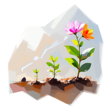 An illustrated cycle depicting the stages of a plant's growth. It starts with a small seed nestled in rich brown soil. As the cycle progresses, a small green sprout emerges, unfurling its first leaves towards a bright light. Subsequently, the sprout grows into a young plant with a sturdy stem and larger leaves. Following this stage, the plant reaches maturity, showcasing a lush green appearance with an abundance of leaves. Finally, vibrant flowers bloom atop the plant, displaying a range of colors and intricate petal patterns. Each stage is clearly labeled and transitions smoothly into the next, highlighting the complete growth process.