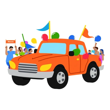 A 4x4 vehicle decorated for a city parade. The vehicle is adorned with vibrant colorful flags of various shapes and sizes, fluttering in the wind. It features clusters of bright balloons in red, blue, yellow, and green, tied securely to the side mirrors and the roof. The wheels are slightly turned, giving a dynamic appearance, while the background suggests an excited crowd of onlookers, some waving their hands and holding banners.