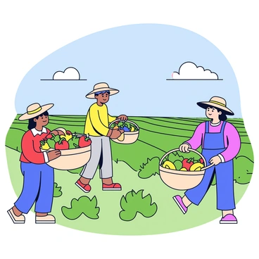 A group of farmers in a delta, carefully harvesting crops from the lush green fields. Each farmer is wearing a wide-brimmed hat for sun protection. They are placing freshly picked vegetables into large woven baskets. The baskets are overflowing with a variety of vegetables, including bright red tomatoes, vibrant green cucumbers, and yellow bell peppers. The sky above is clear with a few fluffy clouds, creating a peaceful atmosphere.