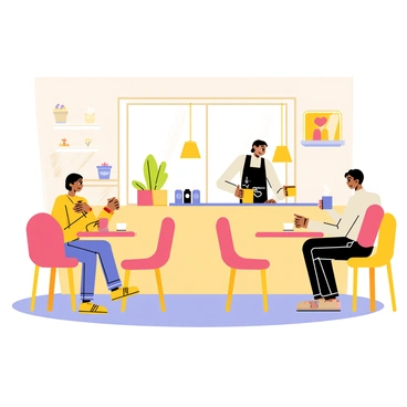 A cozy café featuring tables and chairs shaped like beans. The café interior is adorned with warm lighting and soft colors. The walls are decorated with whimsical art depicting coffee cups and beans. There are potted plants on the windowsill, adding a touch of greenery. Customers sit comfortably at the bean-shaped furniture, sipping on steaming mugs of coffee. A barista is behind the counter, preparing drinks with a friendly smile.