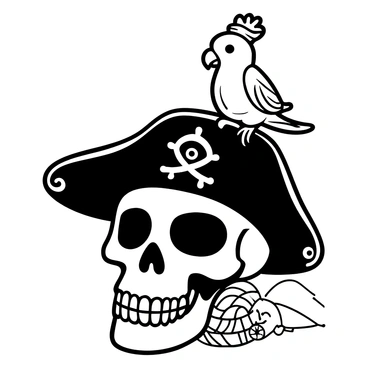 A detailed skull wearing a classic pirate hat, with intricate designs visible on the hat's surface. A small parrot perches on top of the hat, its feathers ruffled and wings slightly spread. The skull displays worn textures and cracks, emphasizing its age. The background features a subtle hint of a wooden ship's deck with ropes and a compass partially visible.