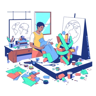 An artist is standing in a bright, sunlit studio surrounded by various recycled materials. The artist is focused on creating an impactful piece about climate change. Scattered around the studio are colorful pieces of plastic, metal scraps, and bits of fabric, all waiting to be transformed. The artist is using a pair of scissors to cut a large blue plastic bottle, and next to them, there is a partially finished sculpture made from intertwined recycled cardboard and metal. A table nearby is cluttered with paintbrushes and pots of vibrant paint, some of which are in shades of teal and orange. In the background, there is a large white canvas with an outline of a globe sketched on it, symbolizing the earth. The atmosphere in the studio conveys a sense of creativity and urgency.