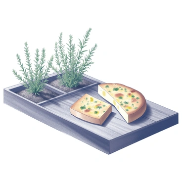 A rustic herb garden with fresh rosemary and thyme next to a wooden table holding a freshly baked focaccia