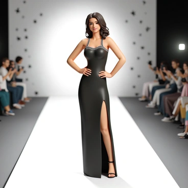A woman, wearing a sleek black designer dress with a high slit and intricate beadwork, is standing confidently on a fashion runway. Her hair is styled in elegant waves that cascade over her shoulders. She is striking a proud pose, with her hands on her hips, while the bright runway lights illuminate her figure. The backdrop features a minimalist white wall adorned with subtle, abstract patterns. Photographers and attendees can be seen capturing the moment, with flashes going off in the background.