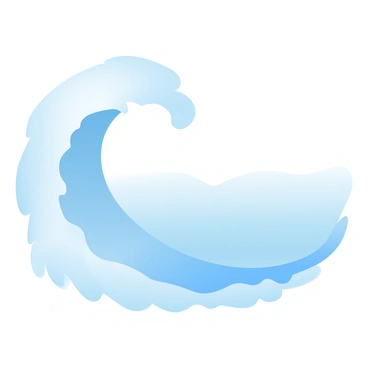 A single wave is curling gracefully over the surface of a calm sea. The wave is depicted in a smooth arc with gentle curves, reflecting a blend of gradient pastel colors. The water has a serene appearance, with subtle ripples radiating around the base of the wave. The sea stretches into the background, merging softly with the horizon where the sky meets the water, creating a tranquil scene.