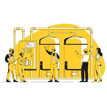 A group of engineers observing operations at a water treatment facility. They are standing near large, cylindrical tanks made of metal with several pipes connected to them. The engineers are wearing safety helmets and reflective vests. Some engineers are taking notes on clipboards, while others are pointing at a control panel displaying various gauges and indicators. The facility has a series of interconnected pipes and valves that run along the floor and walls. The environment appears to be clean and organized, with visible signage indicating different areas of the facility.