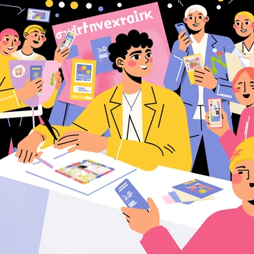 A famous artist is sitting at a table, surrounded by colorful memorabilia such as posters and album covers. The artist, with distinctive clothing and a bright smile, is carefully signing a large poster. Fans of various ages, holding their items eagerly, are gathered around the table, some taking photos on their phones. The event space is filled with bright lights and decorations, creating an energetic atmosphere. In the background, a banner displays the artist's name in bold letters.