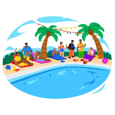 A vibrant poolside party with people enjoying drinks and laughter under string lights