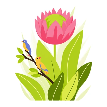 A vibrant protea flower with large, pink spiky petals and a green center stands prominently in the foreground. Surrounding the protea, various lush green leaves create a rich natural habitat. Nearby, a pair of small colorful birds, one blue and one yellow, are perched on a branch, adding a lively touch to the scene. The background features a soft blur of greenery, emphasizing the beauty and diversity of the environment.