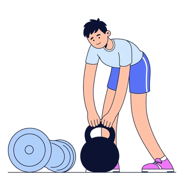 A person standing next to a kettlebell on the gym floor. The kettlebell has a glossy black finish and a thick, rounded handle. The individual is bending slightly forward, gripping the handle of the kettlebell with one hand while adjusting a removable weight plate that is next to it. The person is wearing a fitted athletic top and shorts. Their expression shows focus and determination as they prepare for the deadlift. The scene captures the moment just before they lift the kettlebell off the ground.