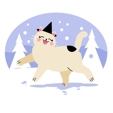 A small, fluffy mog with soft fur is playing in a snowy landscape. The mog is wearing a tiny black witch's hat that sits slightly askew on its head. Snowflakes are falling around it, creating a whimsical atmosphere. The mog is jumping playfully, leaving small paw prints in the fresh snow. In the background, there are snow-covered trees and a bright blue sky. The scene captures the lighthearted joy of the mog’s playful antics in the winter wonderland.