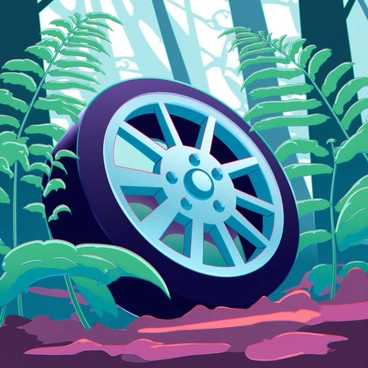 A car wheel resting on the forest floor, partially covered in a layer of damp, rich soil. The wheel is made of alloy, exhibiting a shiny metallic surface that reflects the surrounding greenery. Lush ferns and broadleaf plants encircle the wheel, their vibrant green leaves glistening with moisture. Sunlight filters through the dense canopy above, creating dappled light patterns on the ground, enhancing the vivid colors of the foliage. Small insects can be seen crawling on the leaves, adding a sense of life to the scene.
