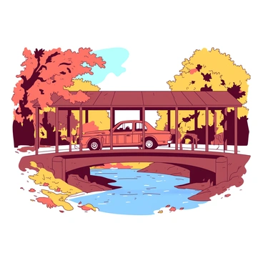 A car crossing a quaint covered bridge surrounded by autumn scenery