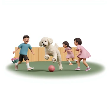 A fluffy labradoodle, with a curly cream-colored coat, is energetically kicking a soccer ball across a grassy backyard. The soccer ball is bright red and slightly worn. Two children, a boy and a girl, are playing alongside the dog. The boy, wearing a blue t-shirt and black shorts, is laughing as he runs towards the ball. The girl, dressed in a pink dress with colorful sneakers, is crouched down, eagerly watching the dog's next move. The backyard is surrounded by a wooden fence and has a few colorful flowers blooming nearby.