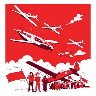A duotone mural featuring a vibrant red background and contrasting white details. In the center, there are several vintage aircraft, each showcasing distinct designs and features, soaring through a bright red sky. Pilots dressed in classic flight gear, including leather jackets and goggles, are depicted inside the cockpits of the aircraft, focused on their flight. Below the planes, there is a scene of pioneers on the ground, waving and celebrating the achievements of aviation, with a small crowd assembled, some holding banners. The composition captures both the excitement of flight and the historical significance of aviation pioneers.