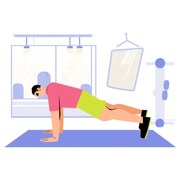 A gym-goer performing the superman exercise on a soft blue mat. The individual has a focused expression and is stretched out with arms and legs extended, creating a straight line. The fitness center background includes various exercise equipment like dumbbells and resistance bands. Bright overhead lights illuminate the space, highlighting the gym-goer's movements. A wall-mounted mirror reflects some of the equipment and adds depth to the scene.