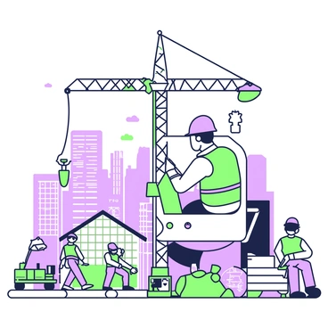 A construction worker operating a crane on a busy building site