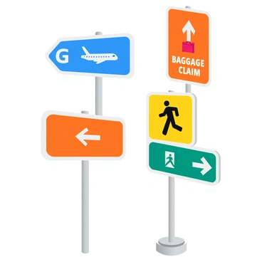 A collection of various airport signs with clear, bold symbols and text. One sign points to "Gates" featuring an airplane icon, while another directs to "Baggage Claim" with a suitcase graphic. A third sign shows "Exits" indicated by a running figure. Each sign has a bright background color for visibility and is positioned on a sleek metal pole.