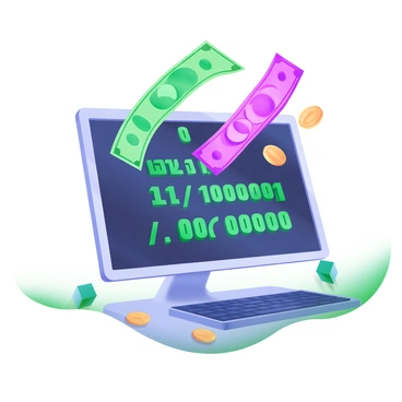 A computer screen displays the transformation of binary code into dollar bills. The binary code appears in green characters, cascading down the screen like digital rain. As the code transitions, it morphs into crisp, colorful dollar bills that float upward, creating a vibrant contrast against the dark background of the screen. The desk below holds a keyboard and a few scattered coins, enhancing the financial theme of the scene.