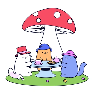 A group of three cats sitting around a small round table. Each cat is wearing a different tiny hat: one has a red top hat, another is wearing a blue bowler hat, and the third has a pink sun hat. The table is set with a tea pot, two cups, and a plate of cookies. Above them is a giant mushroom with a bright red cap and white spots, providing shade. The ground is covered with green grass and small flowers.