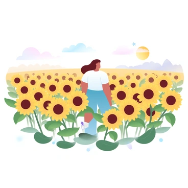 A person is standing in a vast field filled with tall sunflowers, their vibrant yellow petals stretching toward the sky. The person has a relaxed posture, with their arms gently resting at their sides, surrounded by a sea of sunflowers swaying slightly in the breeze. The sun is shining brightly, casting warm light over the scene. In the background, the horizon is dotted with distant trees, enhancing the feeling of openness in the field. A gentle breeze causes a few sunflower heads to tilt slightly, creating a sense of movement throughout the scene. A soft, warm light creates a nostalgic atmosphere, enveloping the person amidst the golden flowers.