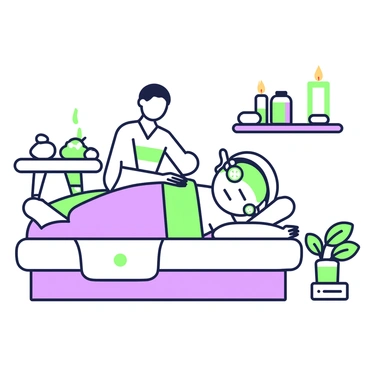 A colon is depicted reclining on a comfortable massage table at a spa. It has a serene expression on its face, which is covered with a green face mask. Soft towels are draped over its body, and a pair of cucumber slices rests on its eyes. In the background, there are candles giving off a gentle glow, and a small table holds essential oils and a smooth stone. A massage therapist can be seen nearby, gently applying oil to the colon's surface, creating a soothing atmosphere. The spa has plants in pots that soften the environment.