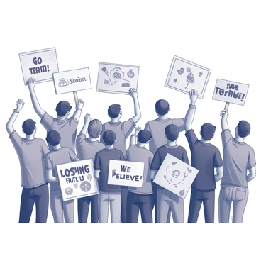 A crowd of fans gathered in a stadium, each holding signs and banners with various messages and symbols. Some fans are standing, while others are seated, all focused on the event happening on the field. The signs feature phrases like "Go Team!" and "We Believe!" with drawings and illustrations related to the players. The atmosphere is filled with excitement, as fans wear jerseys and team merchandise, showing their support for their favorite players.