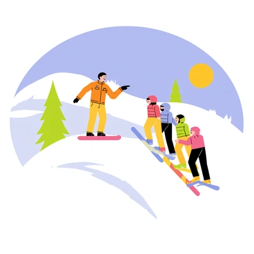 An instructor wearing a bright orange jacket is standing at the top of a gentle snowy slope. The instructor is pointing towards the path with a smile, encouraging a group of new snowboarders. The snowboarders, dressed in colorful winter gear, are lined up ready to descend. Each snowboarder has a different vibrant color of snowboard beneath their feet. The sky is clear and blue, and the sun is shining brightly over the snow-covered landscape. The slope is dotted with small snow mounds and a few pine trees in the background.