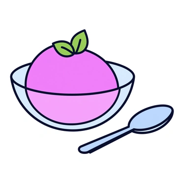 A bowl of guava sorbet with a smooth, vibrant pink color. The sorbet is rounded and fluffy, sitting neatly in the center of the bowl. A single fresh mint leaf is placed delicately on top as a garnish. Beside the bowl, there is a shiny silver spoon resting on the table, reflecting the light. The bowl itself is simple and clear, allowing the bright color of the sorbet to stand out.