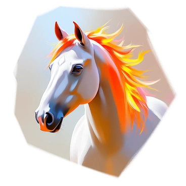 A detailed depiction of a horse's head, showcasing a strong and noble profile. The horse has a sleek, muscular build, and its eyes are expressive and bright. The mane is composed of flickering flames, with vibrant shades of orange, red, and yellow, creating a dynamic and lively appearance. The flames dance and curl around the horse's neck, contrasting against its glossy coat. The background is softly blurred, allowing the focus to remain on the striking features of the horse and the mesmerizing fiery mane.