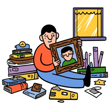 A young man named Hugo with light skin and short dark hair is sitting on the floor, surrounded by scattered old books and memorabilia. He is holding a dusty wooden frame that contains a faded photograph of his father. Hugo's expression shows a mix of surprise and nostalgia as he gazes at the photograph. The frame is ornate, with intricate carvings that hint at its age. Sunlight filters gently through a nearby window, illuminating the dust particles in the air and highlighting the emotions on Hugo's face.