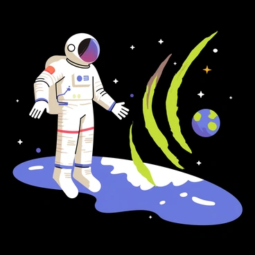An astronaut in a white space suit is floating in the blackness of space, gazing at the vibrant green and purple aurora borealis glowing on the surface of the Earth below. The planet is partially illuminated by sunlight, showcasing blue oceans and swirling white clouds. The stars sparkle in the vastness around the astronaut, adding a sense of wonder to the scene. The astronaut's helmet reflects some of the breathtaking colors of the aurora, enhancing the visual experience of this cosmic moment.
