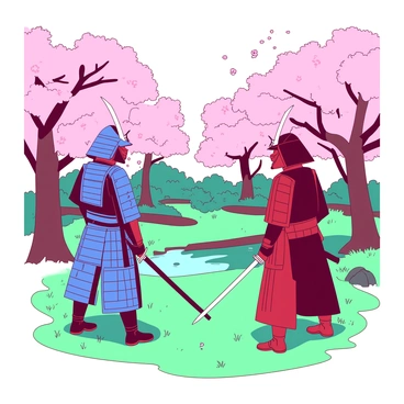 Two samurai warriors facing off in a serene Japanese garden, illustrated in comic style