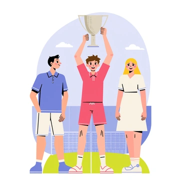 A young tennis player with short brown hair, wearing a bright red tennis outfit, is holding a shiny silver trophy high above their head. The trophy reflects the sunlight, showcasing intricate designs. On either side of the player, two proud parents stand, smiling broadly. The father has short black hair and is wearing a blue polo shirt, while the mother has long blonde hair and is dressed in a white dress. The background features a grassy tennis court and a blue sky filled with a few fluffy clouds, creating a celebratory atmosphere.