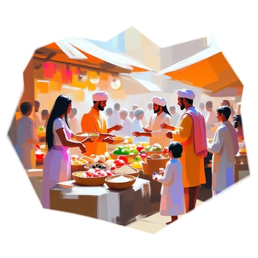 A vibrant marketplace filled with a diverse group of people engaged in lively trade. Stalls are lined with an array of colorful goods, including fruits, vegetables, textiles, and handcrafted items. Individuals from various regions, wearing traditional clothing, are animatedly exchanging items and sharing stories. A woman with dark hair is showcasing woven baskets, while a man in a bright tunic is bargaining for a selection of spices. Children play nearby, adding to the lively atmosphere as the sun casts warm light over the scene.